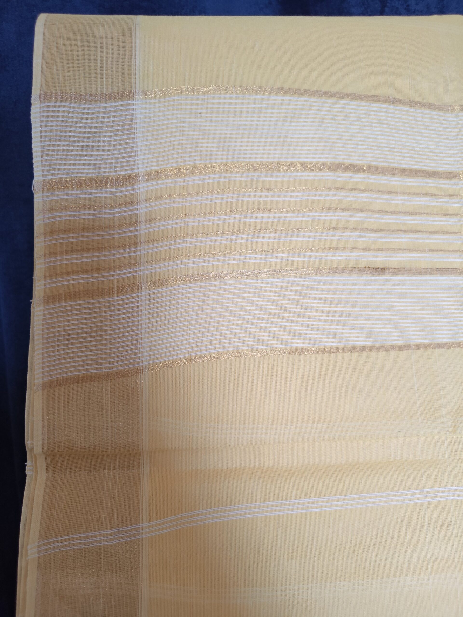 Pastel Sandal Golden Stripe Kerala Cotton Saree — Soft Traditional Elegance - Image 5
