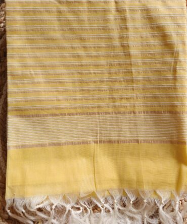 Powder Fresh Yellow Golden Stripe Kerala Cotton Saree — Bright Festive Grace