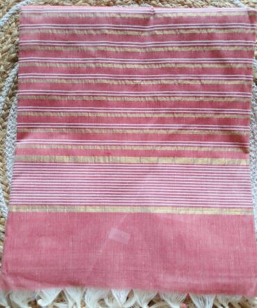 Powder Pink Golden Stripe Kerala Cotton Saree — Soft Festive Charm