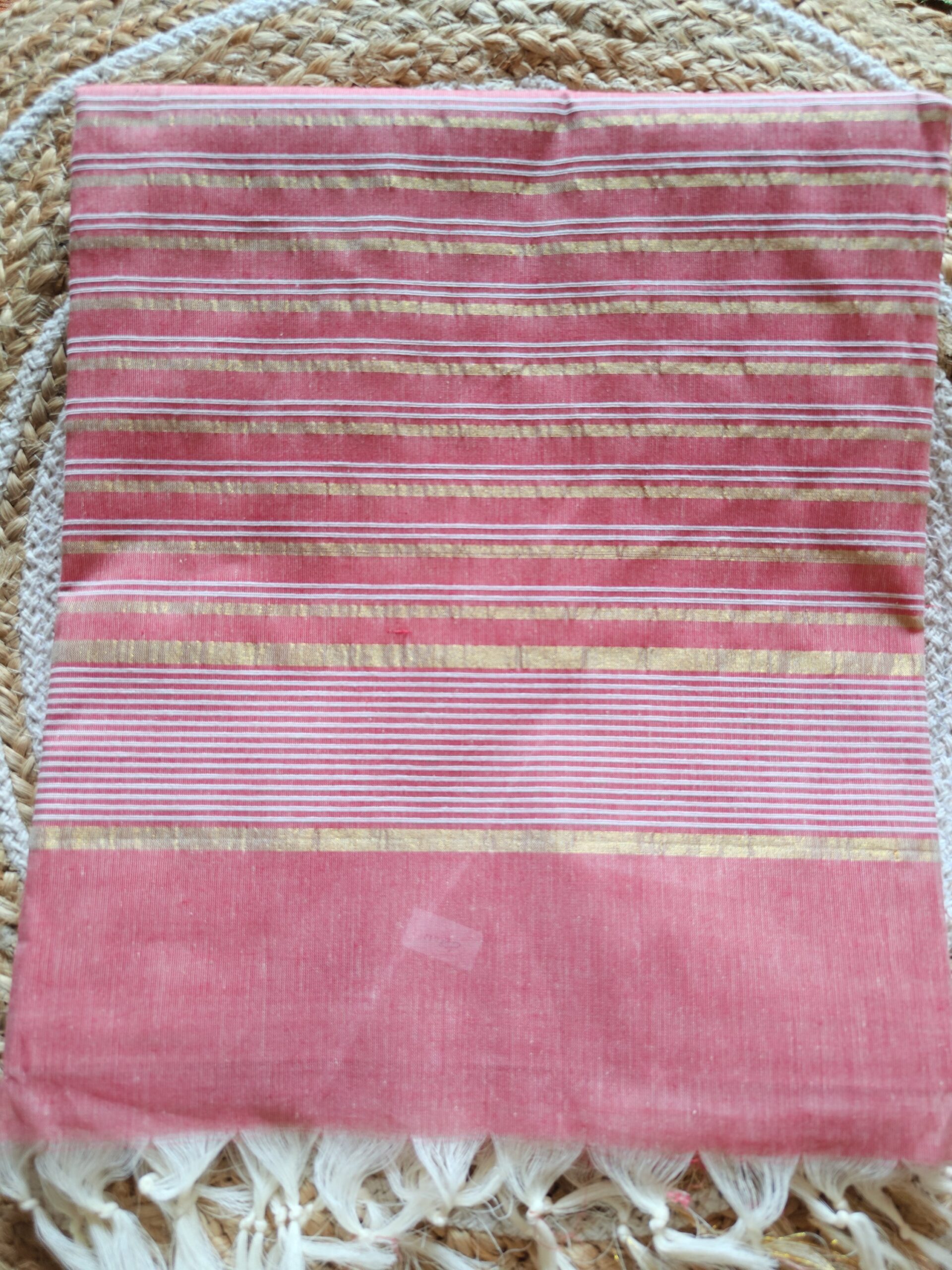 Powder Pink Golden Stripe Kerala Cotton Saree — Soft Festive Charm