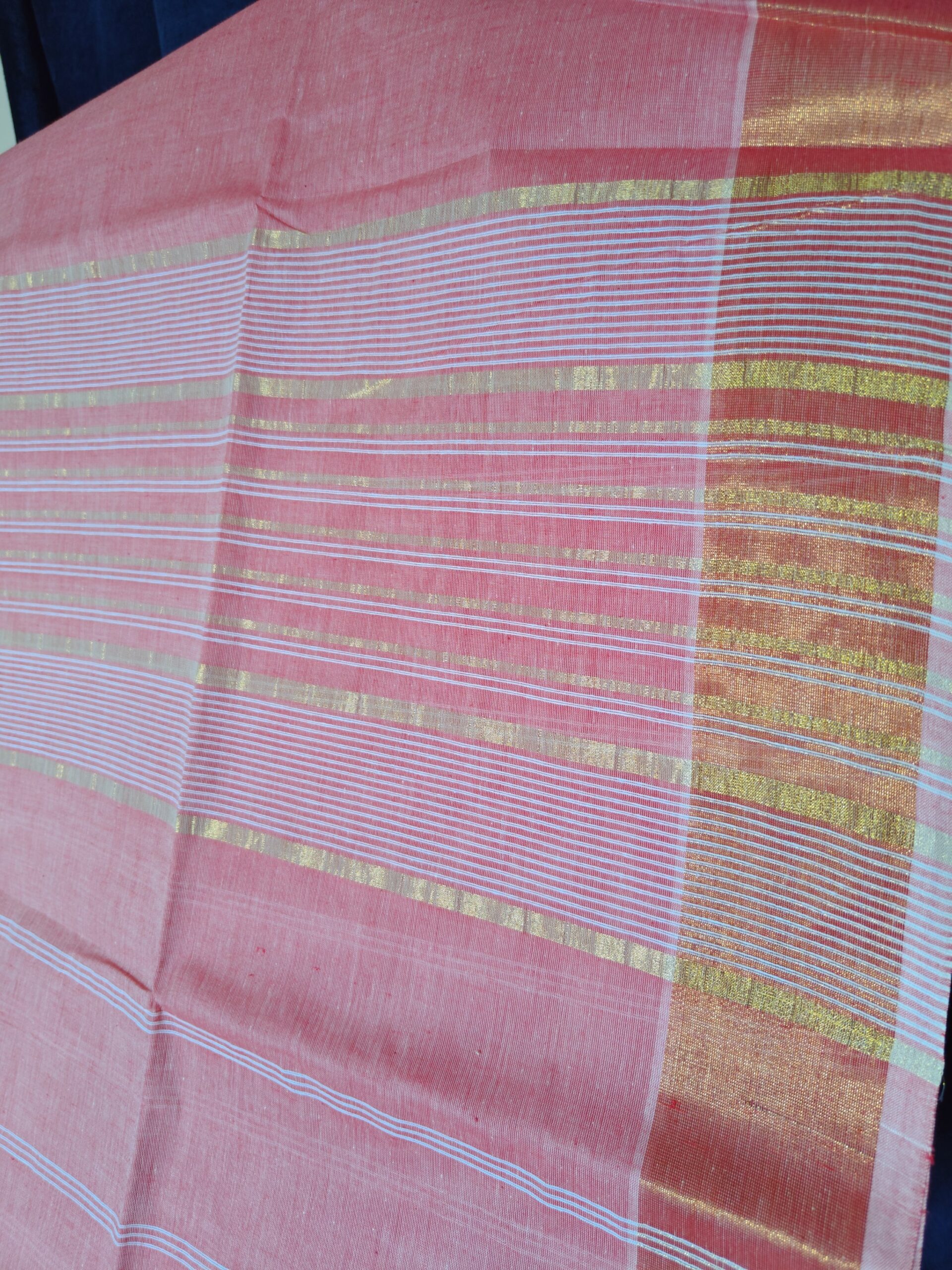 Powder Pink Golden Stripe Kerala Cotton Saree — Soft Festive Charm - Image 5