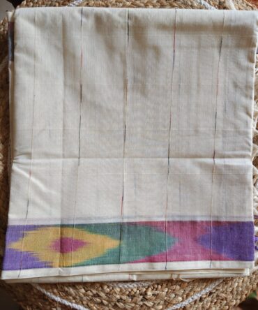 Off-White Multicolour Kasavu Border Kerala Cotton Saree — Artistic Festive Elegance