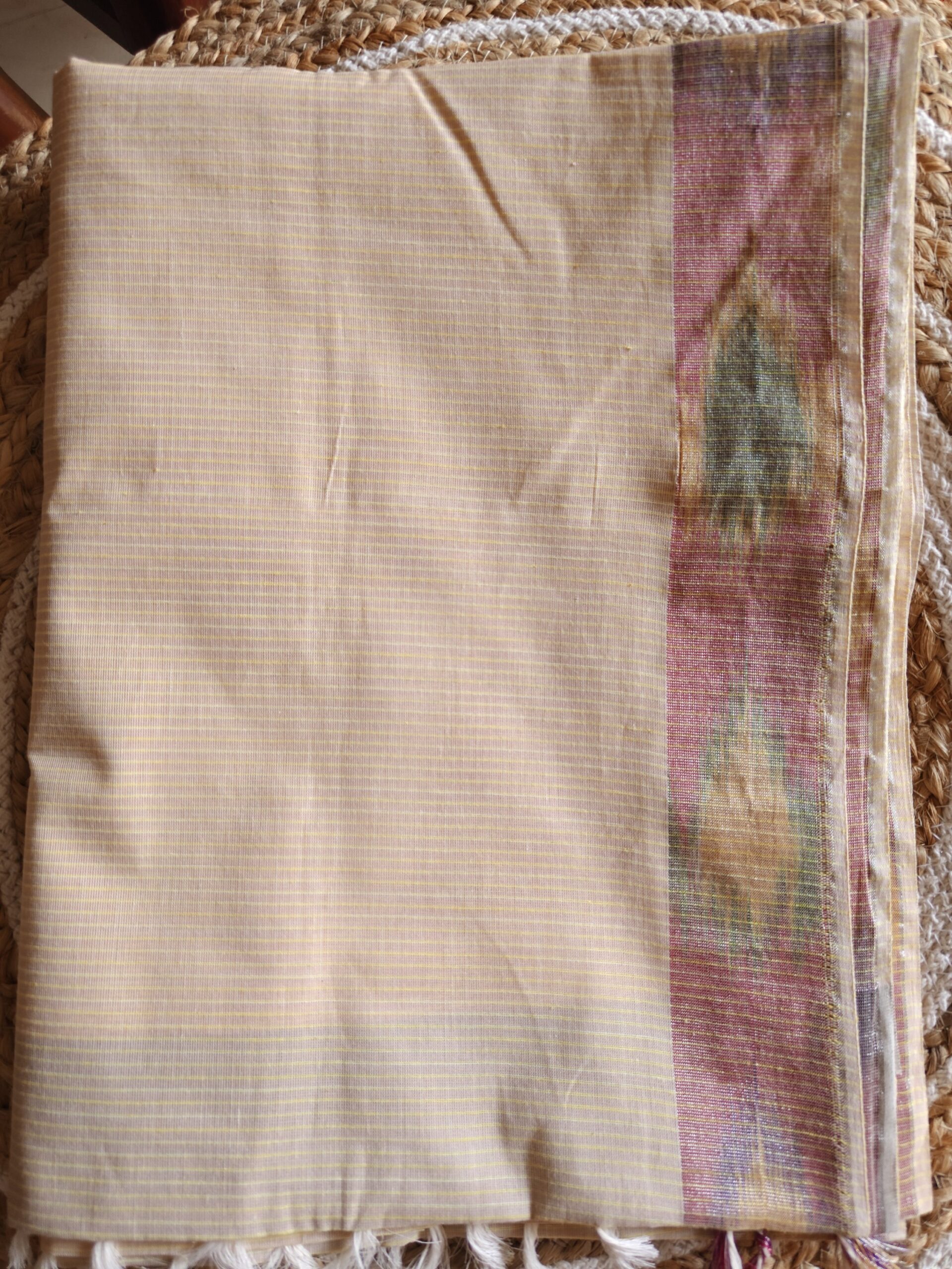 Beige Multicolour Kasavu Border Kerala Cotton Saree — Elegant Traditional Charm