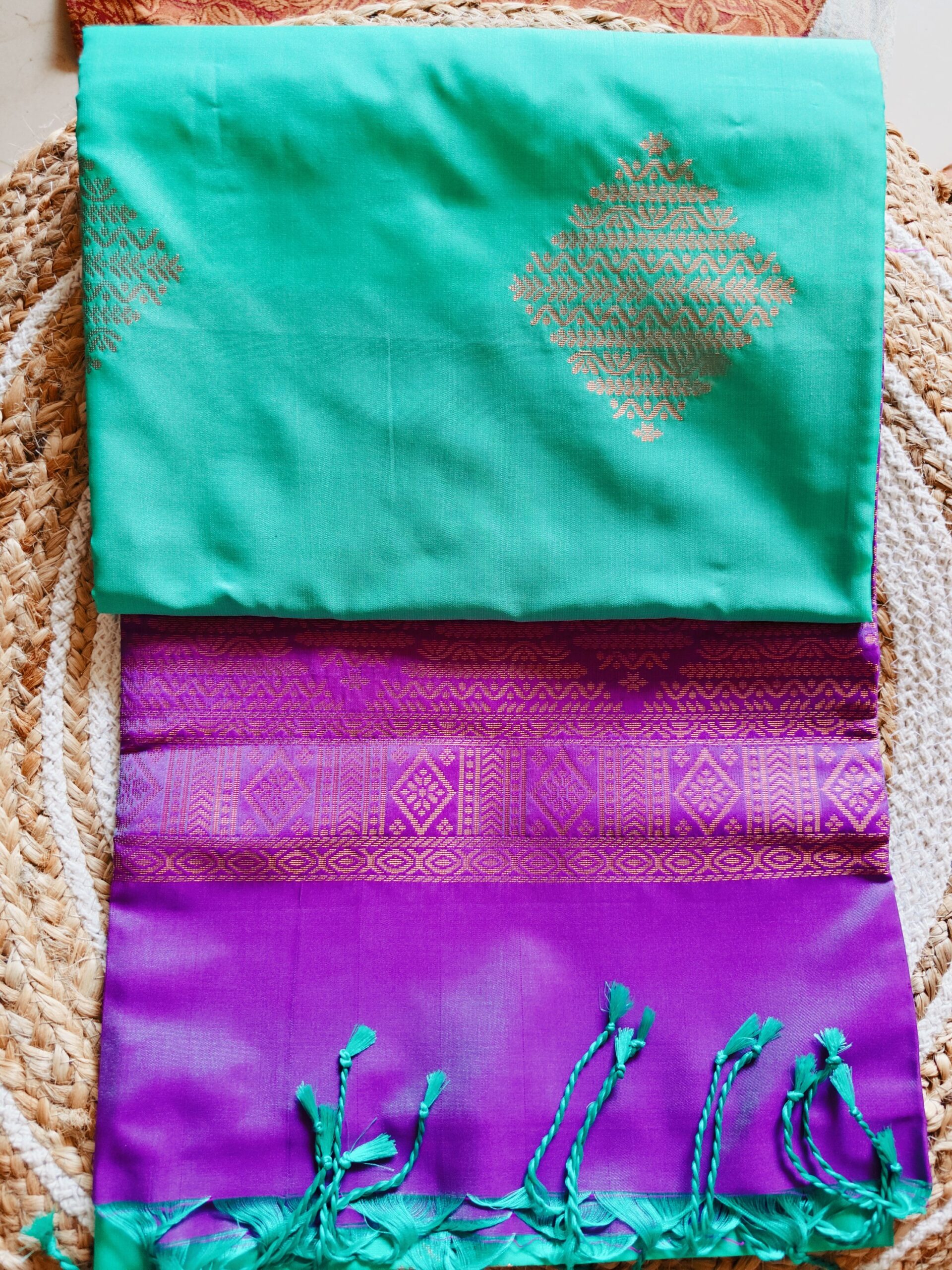Turquoise & Purple Zari Soft Silk Saree — A Stunning Contrast of Tradition and Elegance - Image 2