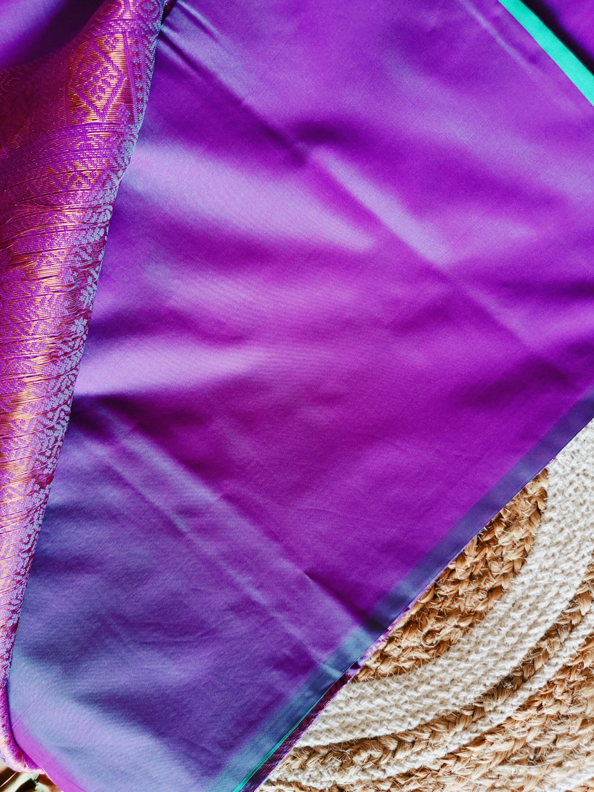 Turquoise & Purple Zari Soft Silk Saree — A Stunning Contrast of Tradition and Elegance - Image 3