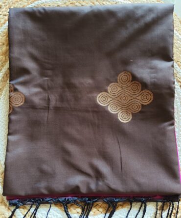 Chocolate Brown & Rani Pink Zari Butta Soft Silk Saree — Elegant Contrast Traditional Weave