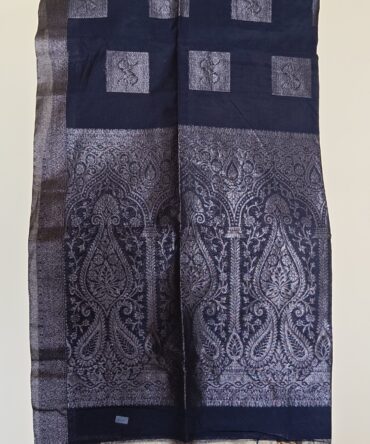 Midnight Blue Cotton Saree with Silver Thread Woven Butta & Ornate Pallu