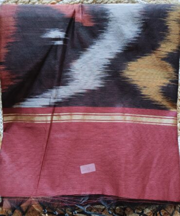 Maroon Ikat Pattern Powerloom Saree with Gold Zari Border