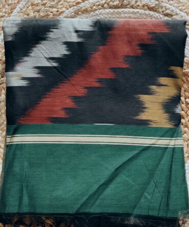 Bottle Green Ikat Pattern Powerloom Saree with Gold Zari Border