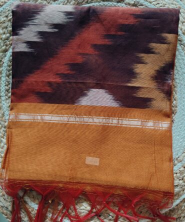 Rust Orange Ikat Pattern Powerloom Saree with Gold Zari Border