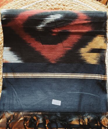 Classic Black Ikat Pattern Powerloom Saree with Copper Zari Border