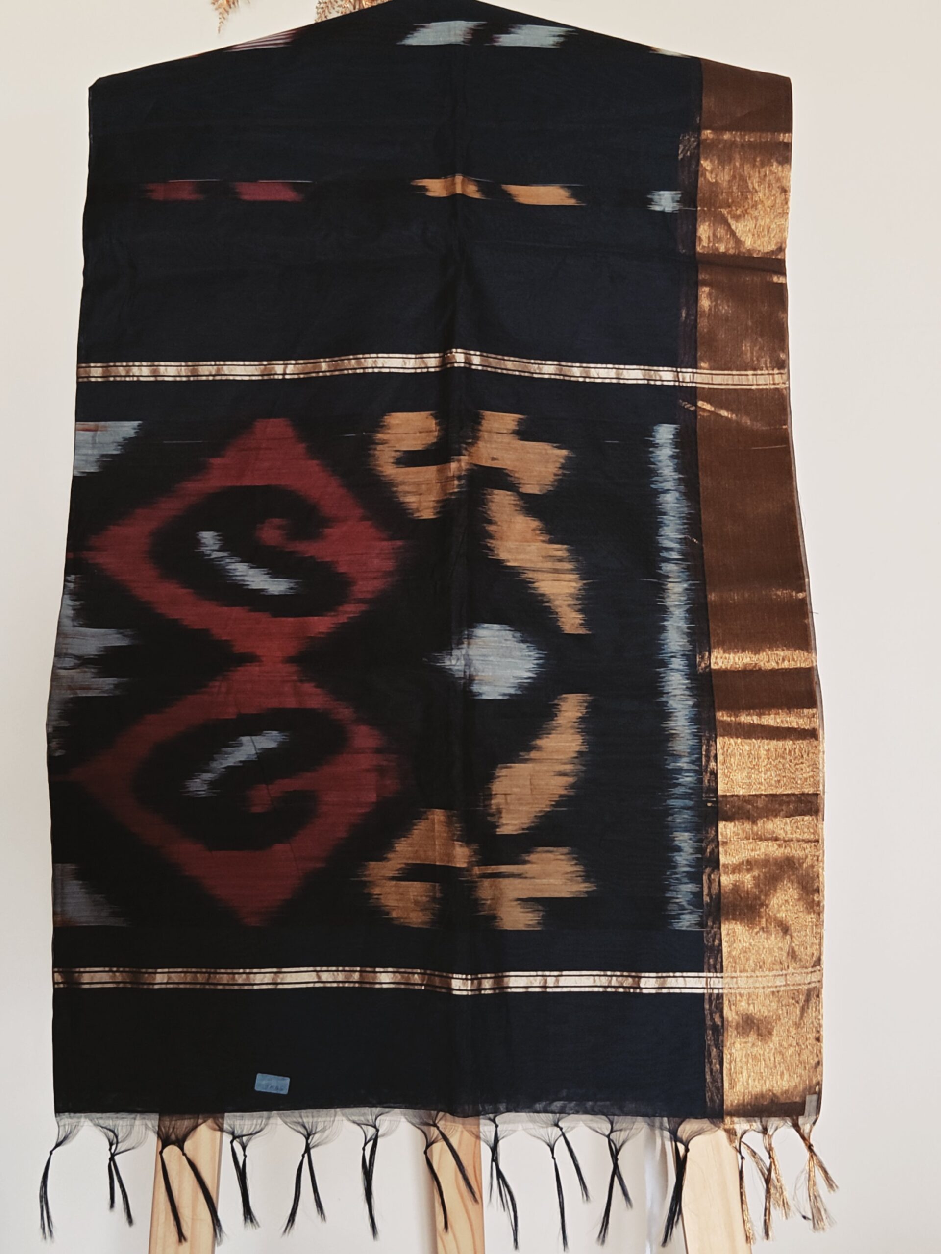 Classic Black Ikat Pattern Powerloom Saree with Copper Zari Border - Image 3