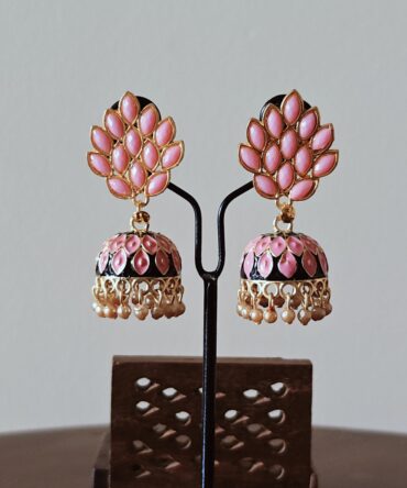 Blush Pink Lotus Meenakari Jhumka Earrings — Elegant Festive Jewelry