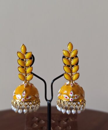 Mustard Yellow Meenakari Pearl Jhumka Earrings — Traditional Festive Jewelry