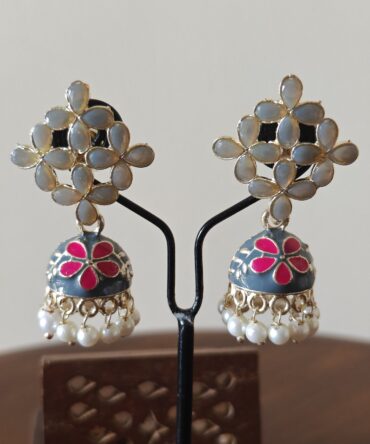 Grey Meenakari Floral Pearl Jhumka Earrings — Elegant Traditional Jewelry