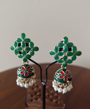 Emerald Green Meenakari Floral Pearl Jhumka Earrings — Traditional Festive Jewelry